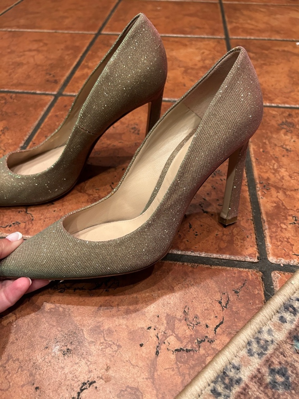 Stuart Wietzman Sparkle Pointed-Toe High Heels in Gold/Iridescent. - Picture 2 of 12